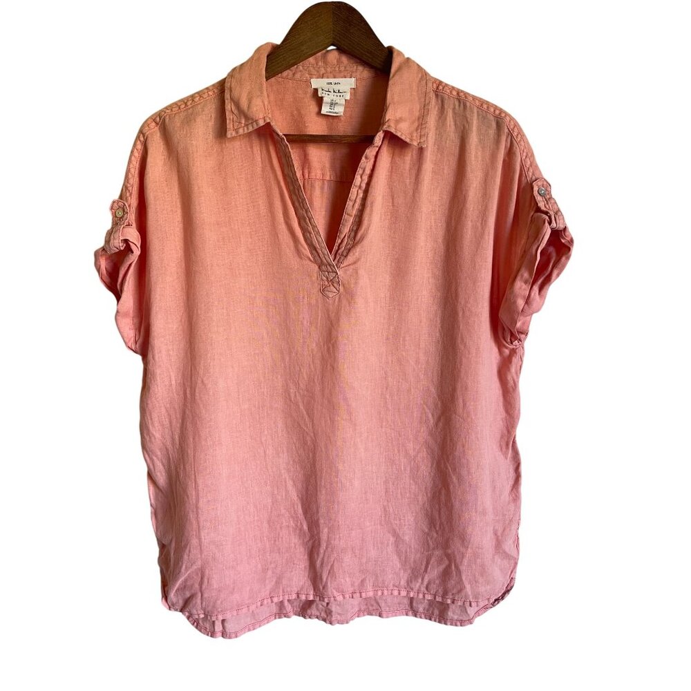 Nicole Miller Size Small Salmon Pink Orange 100% Linen Collared Popover Short Sl